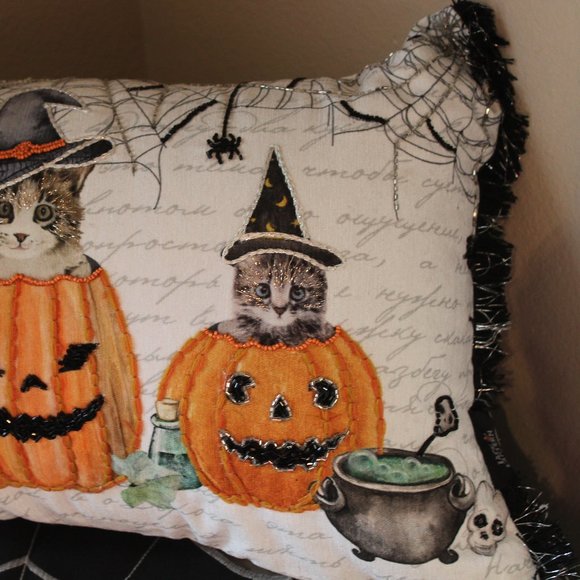 Halloween Cat Witch Gothic Skull Beaded Pillow Jack O...